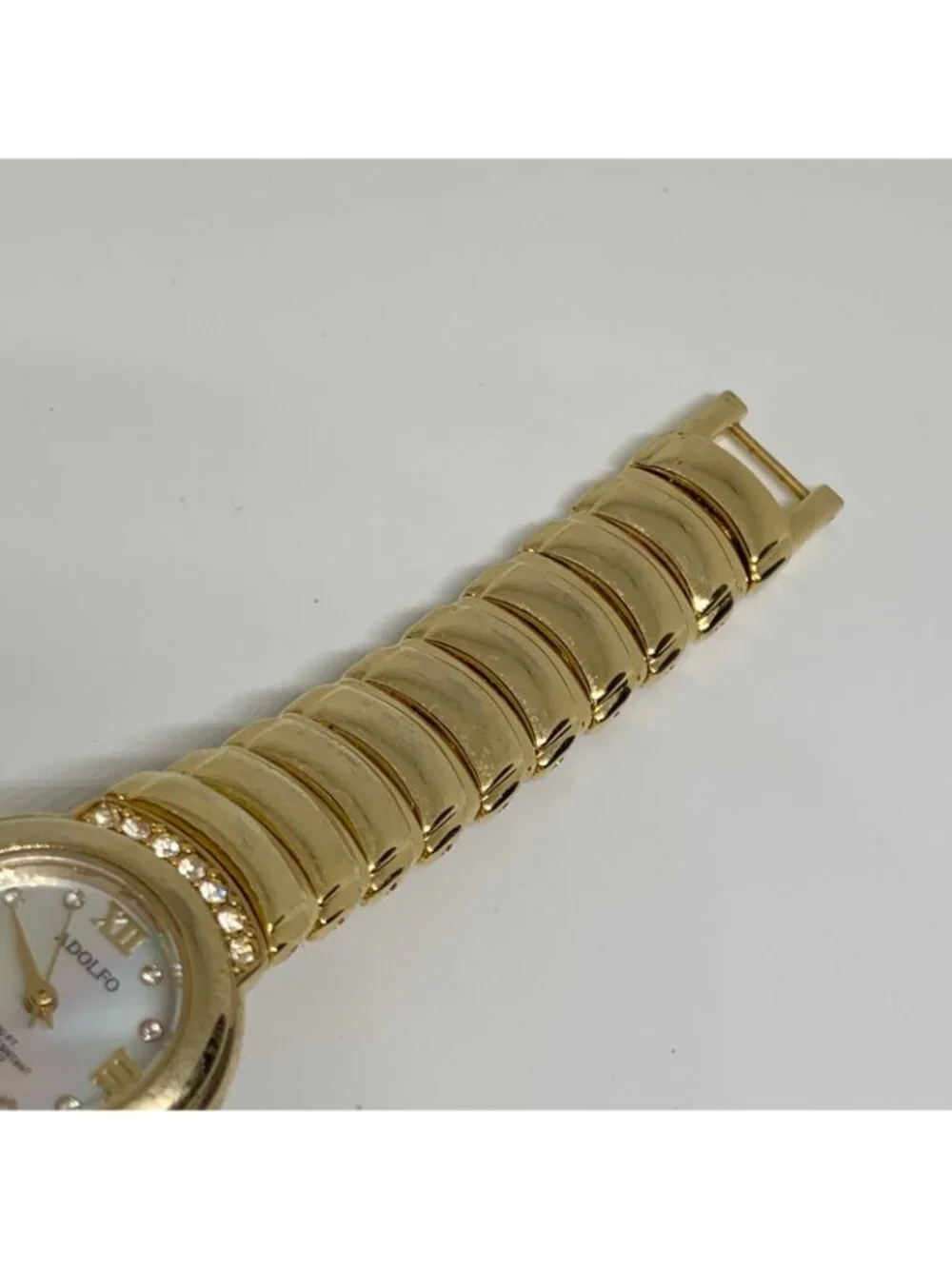 Adolfo women’s gold tone watch quartz mop dial rhinestones 22mm 6.5” running